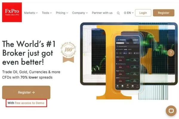 FXPro口座開設するための9つの手順 11 1. FXProの公式ウェブサイトにアクセスし、「登録」ボタンの下の「デモへの無料アクセス」をクリックします。