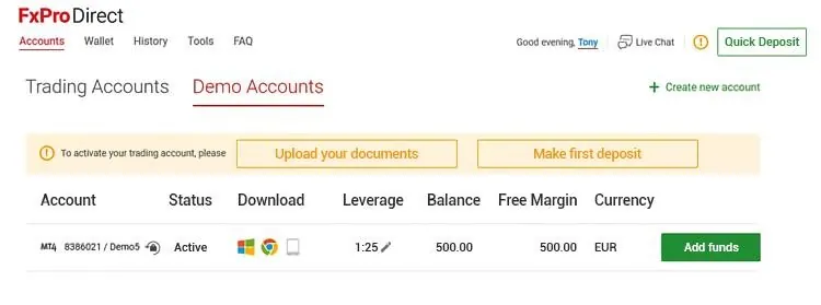 FXPro口座開設するための9つの手順 15 5. FXPro Directウェブサイトのセクションにログインして、アカウント情報を管理し、トレーディングアカウントの状況を監視します。デモアカウントを開設するオプションを選択します。