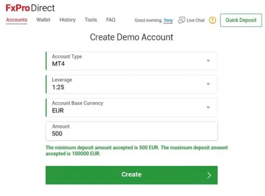 FXPro口座開設するための9つの手順 16 6. デモアカウントの設定を行います。プラットフォーム、レバレッジ、基本通貨、アカウントに追加する仮想資金の額を選択します。デモアカウントには最大で10万ドルの仮想通貨を追加できます。設定が完了したら、「作成」をクリックします。