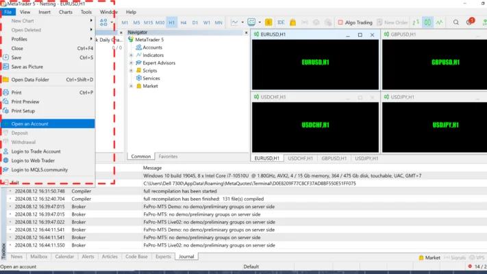 「ファイル」→「口座を開く」を選択